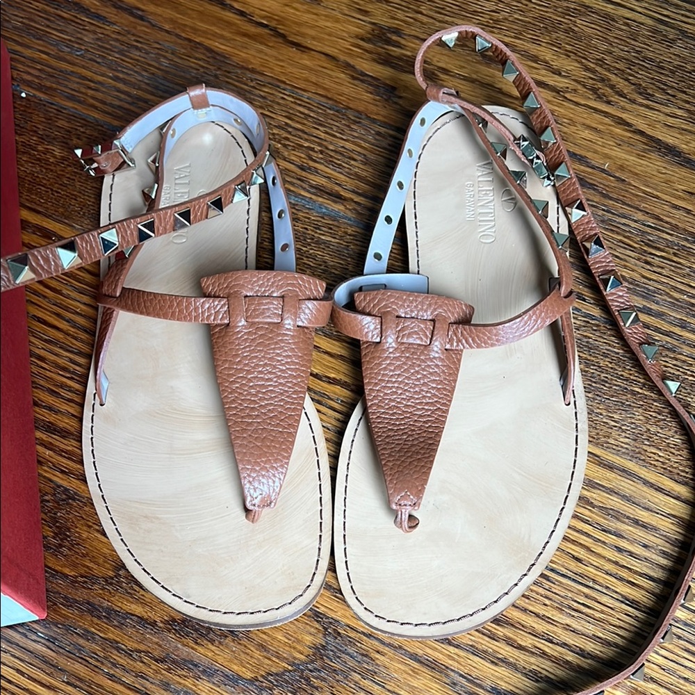 Valentino Tan Leather T-Strap Sandals